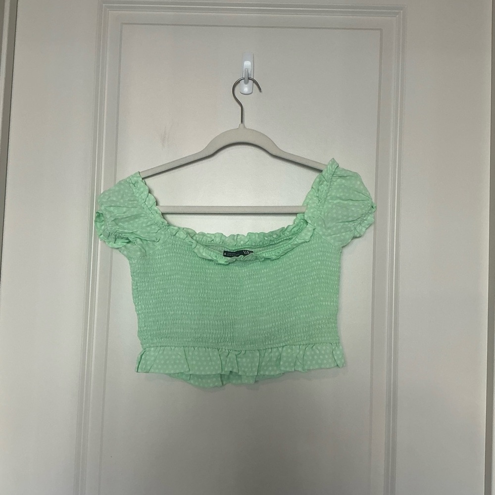Zara Mint Green Ruffled Polka Dot Crop Top - Picture 3 of 4